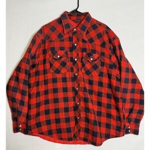 VTG Flannel Jacket Woodland Buffalo Plaid Pearl Snap Mens XL Red Black